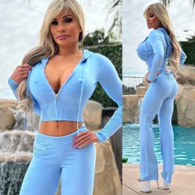 Connie's "LIMITED EXCLUSIVE" BLUE, RICH Sweater Set, ZIP Crop Top Hoodie and Fold Over Stretch Fit Leggings