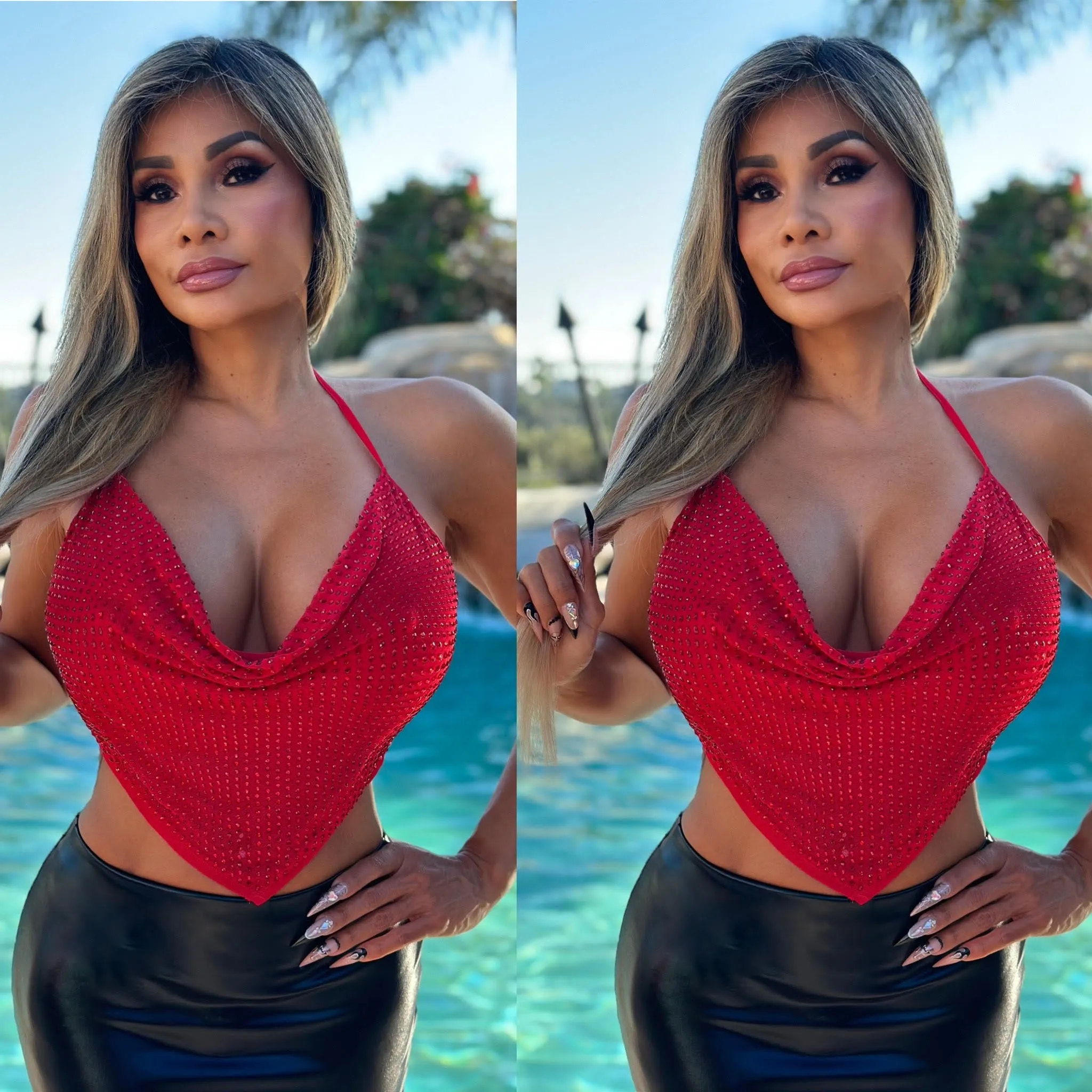 Connie's  "RICH 💎💎💎 RHINESTONE RED Desire Backless Halter Top"  Stretch Fit With adjustable Halter Neck tie