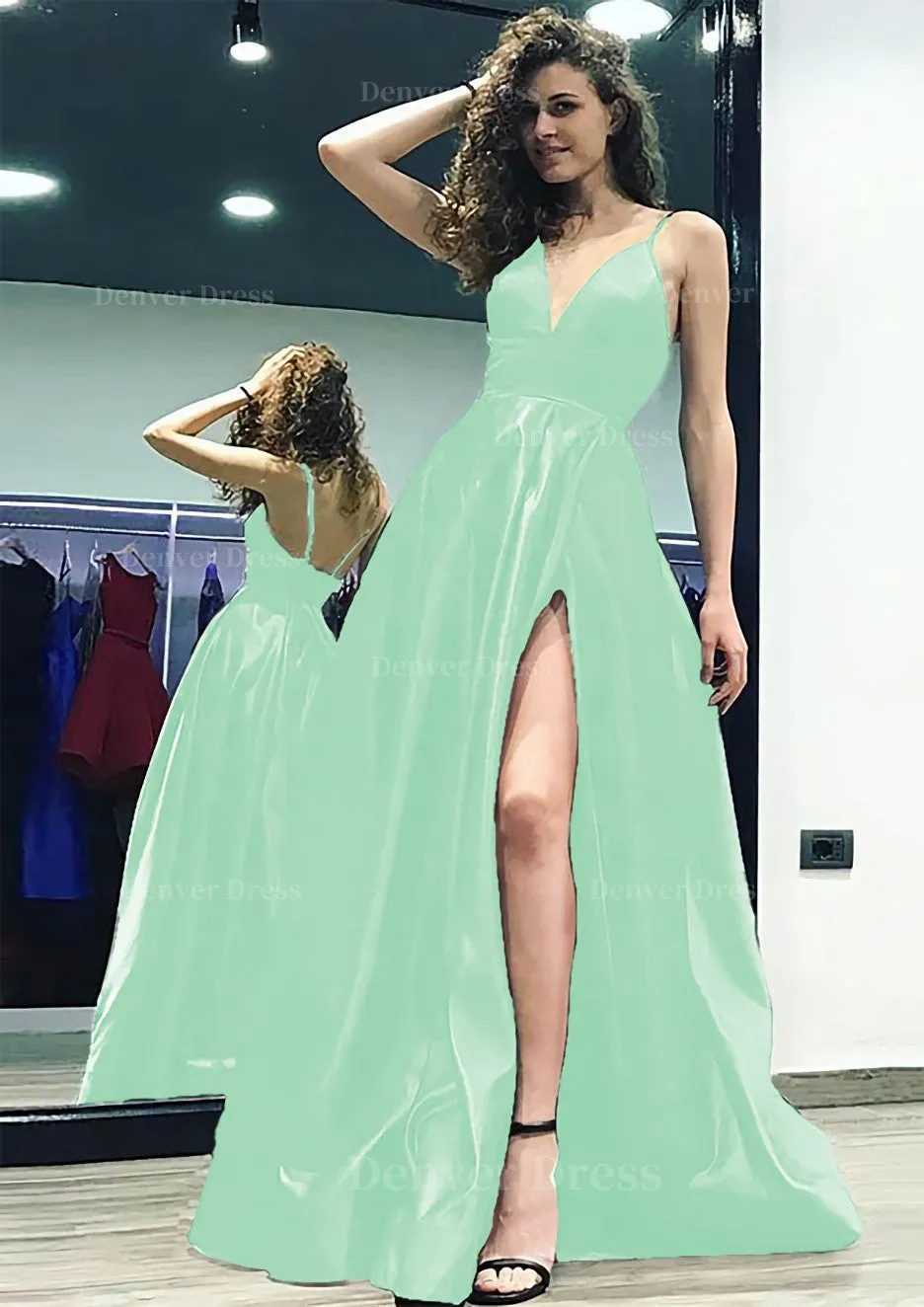 kamahe A-line/Princess V Neck Sleeveless Sweep Train Satin Prom Dress With Split