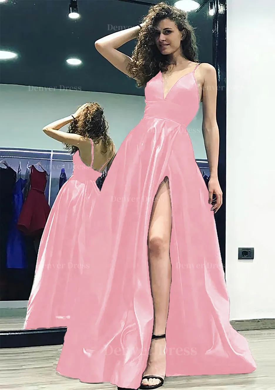 kamahe A-line/Princess V Neck Sleeveless Sweep Train Satin Prom Dress With Split