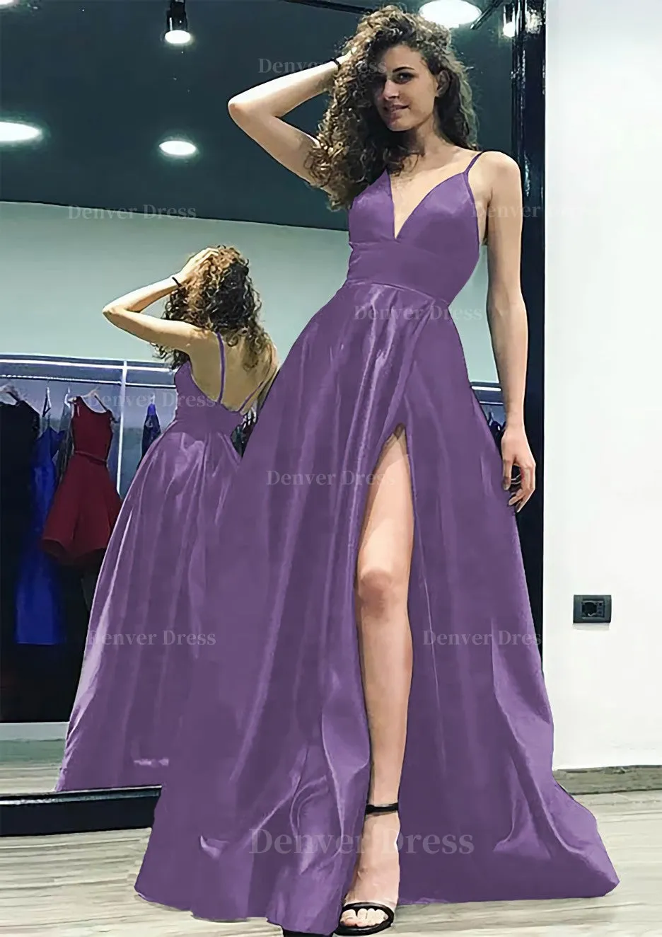 kamahe A-line/Princess V Neck Sleeveless Sweep Train Satin Prom Dress With Split