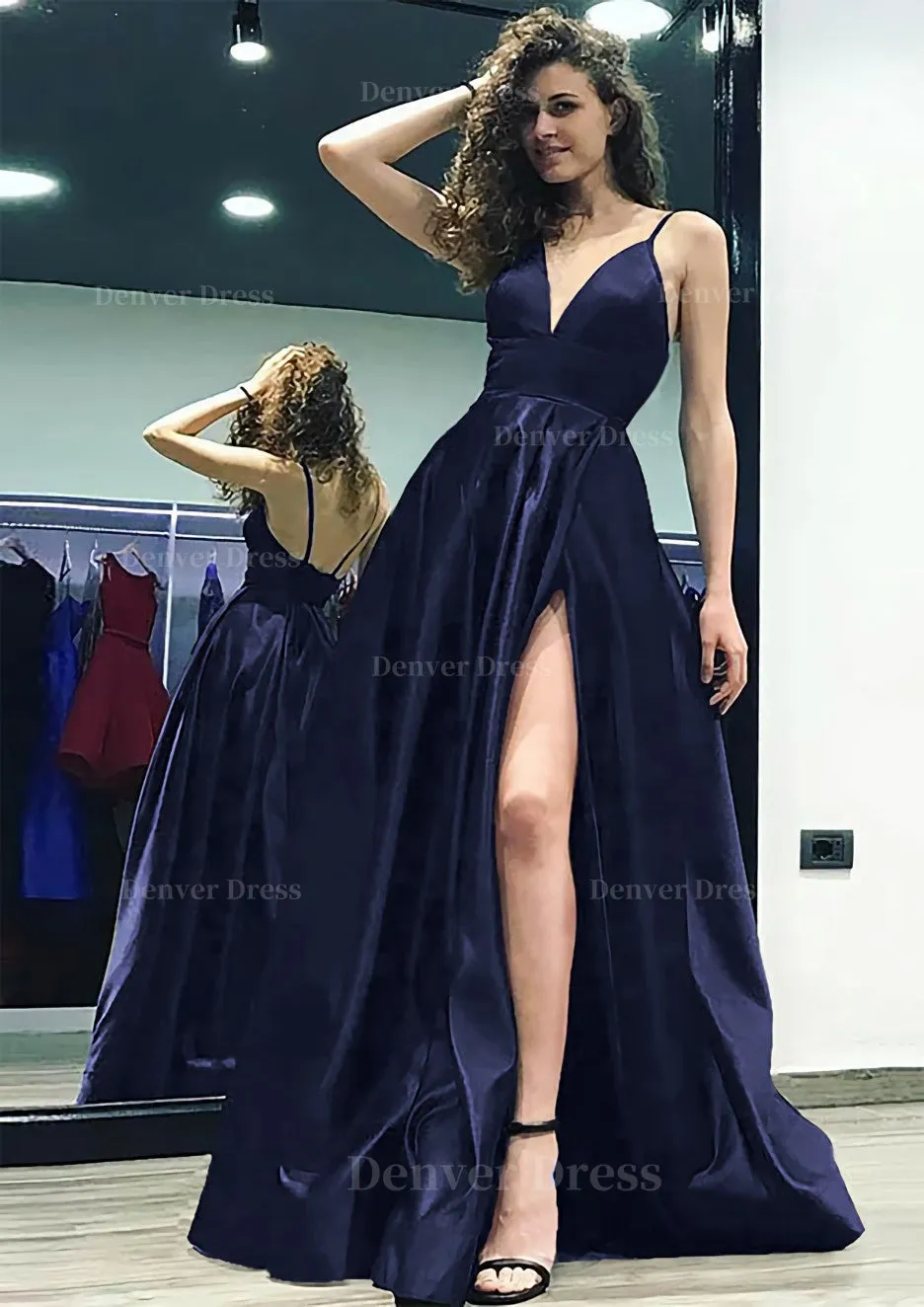 kamahe A-line/Princess V Neck Sleeveless Sweep Train Satin Prom Dress With Split