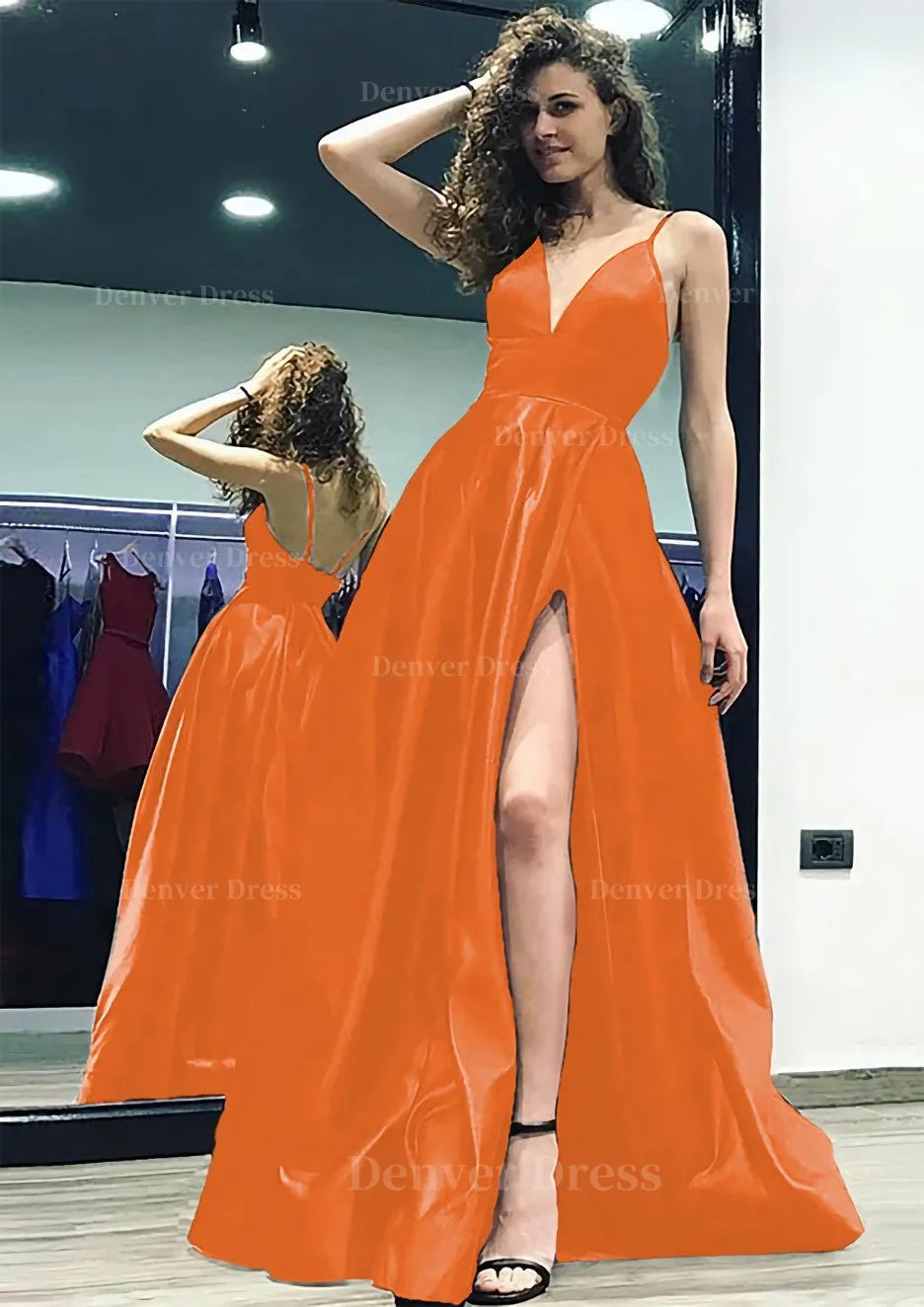 kamahe A-line/Princess V Neck Sleeveless Sweep Train Satin Prom Dress With Split