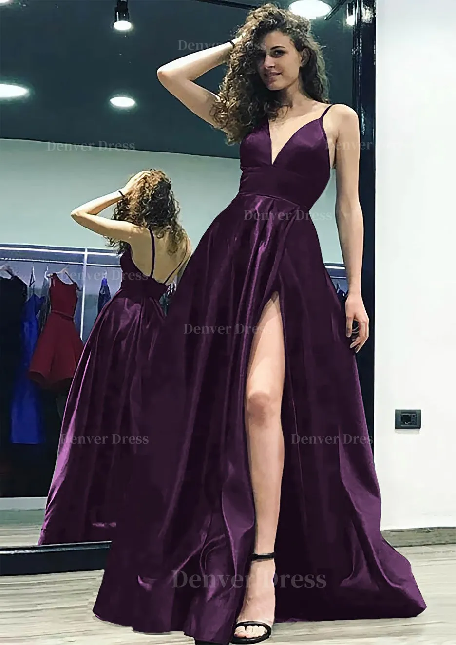 kamahe A-line/Princess V Neck Sleeveless Sweep Train Satin Prom Dress With Split