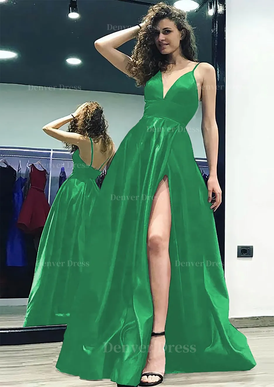 kamahe A-line/Princess V Neck Sleeveless Sweep Train Satin Prom Dress With Split