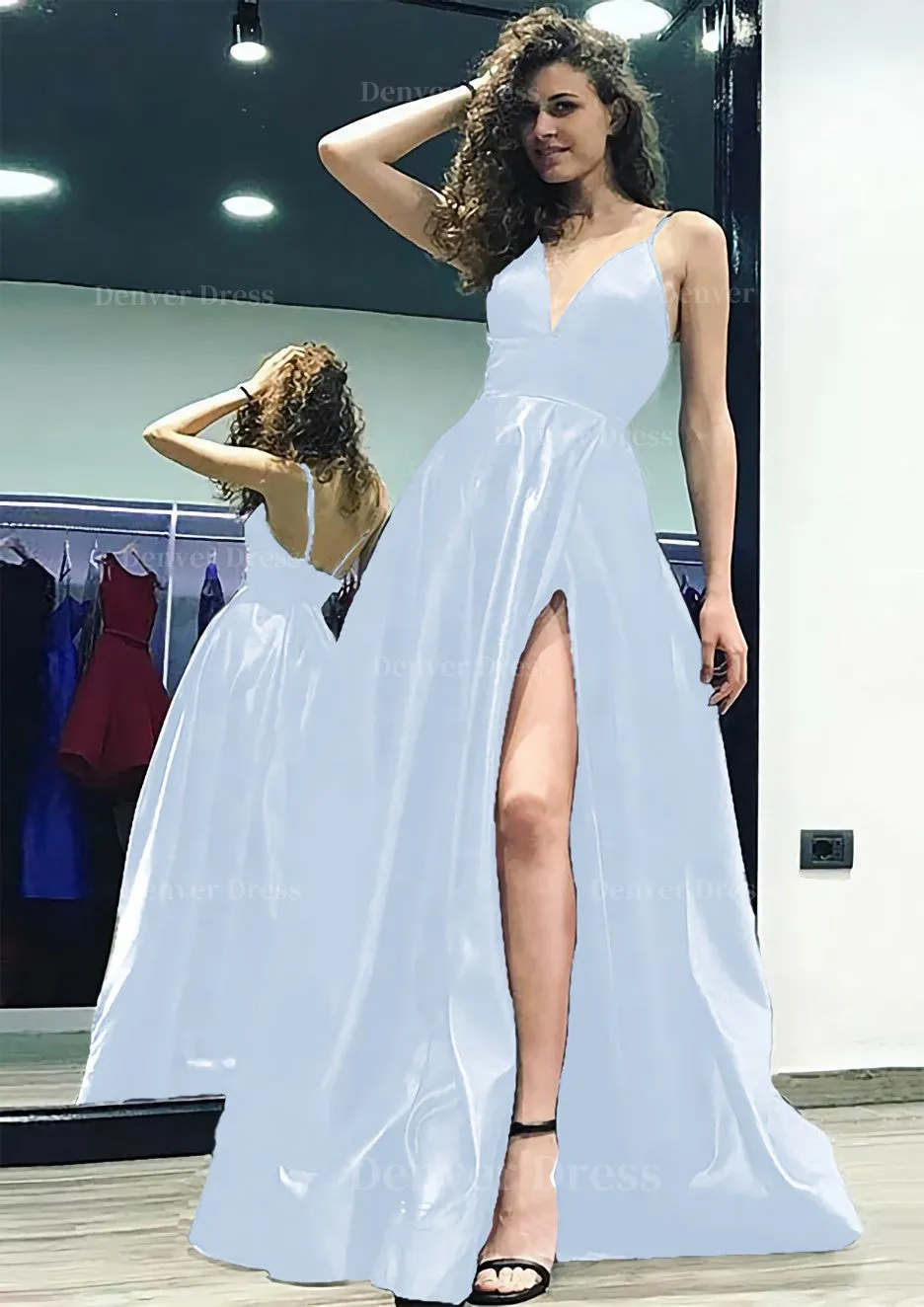 kamahe A-line/Princess V Neck Sleeveless Sweep Train Satin Prom Dress With Split