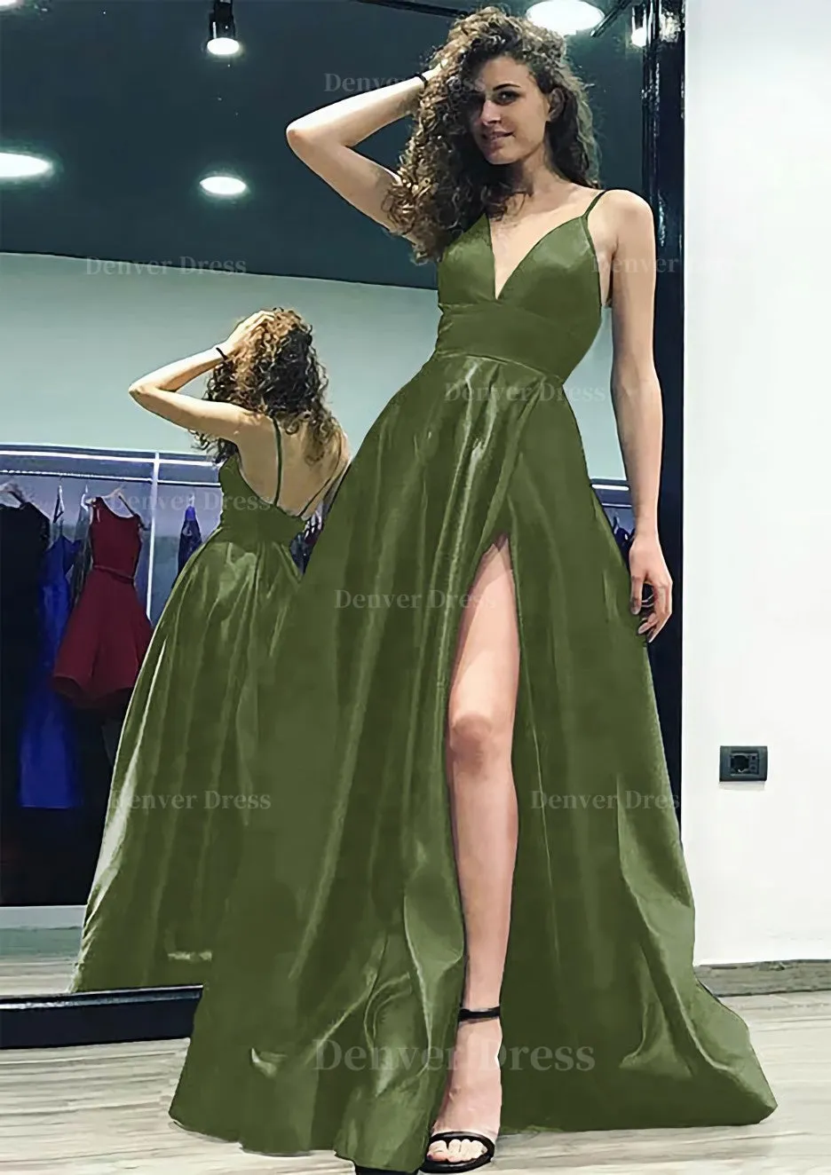 kamahe A-line/Princess V Neck Sleeveless Sweep Train Satin Prom Dress With Split