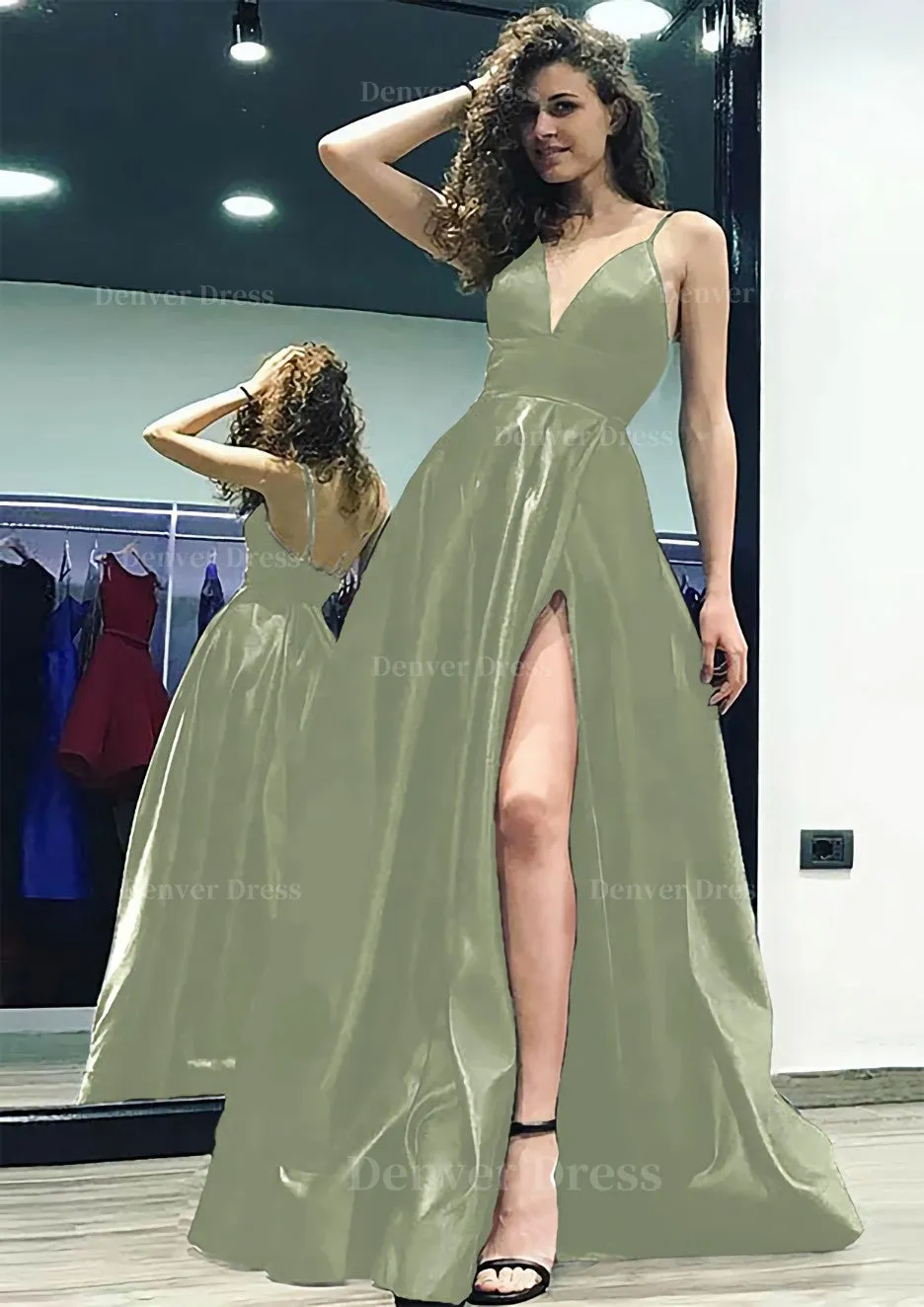 kamahe A-line/Princess V Neck Sleeveless Sweep Train Satin Prom Dress With Split