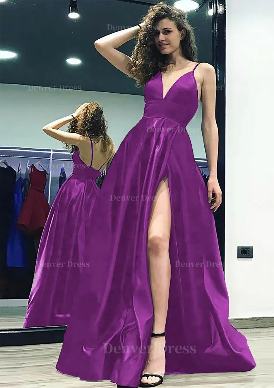 kamahe A-line/Princess V Neck Sleeveless Sweep Train Satin Prom Dress With Split