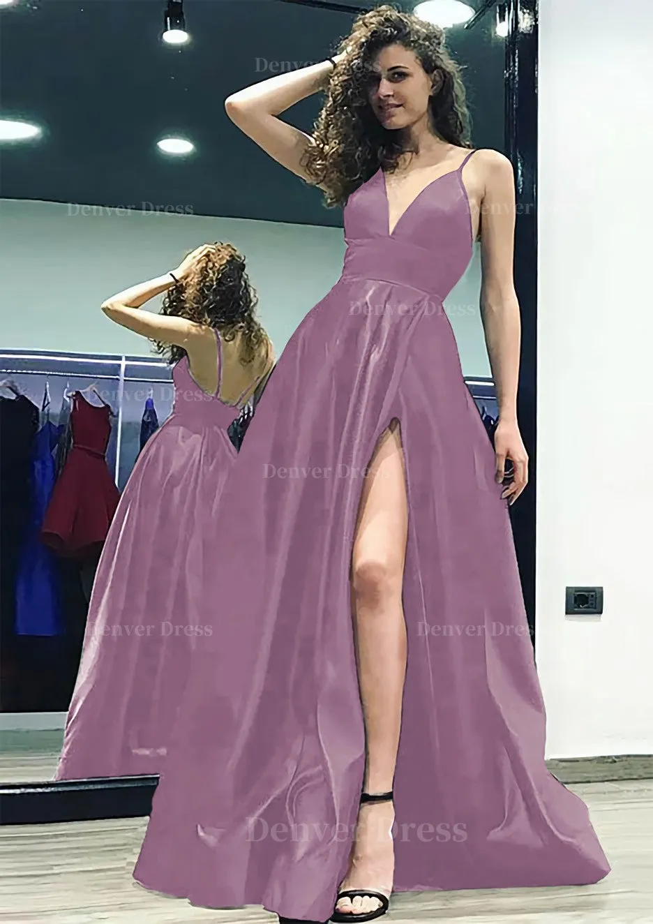 kamahe A-line/Princess V Neck Sleeveless Sweep Train Satin Prom Dress With Split