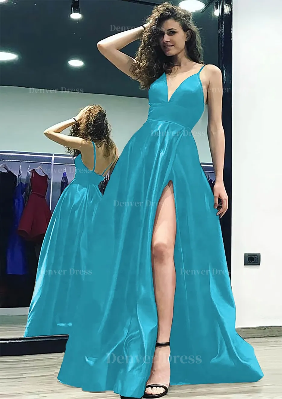 kamahe A-line/Princess V Neck Sleeveless Sweep Train Satin Prom Dress With Split