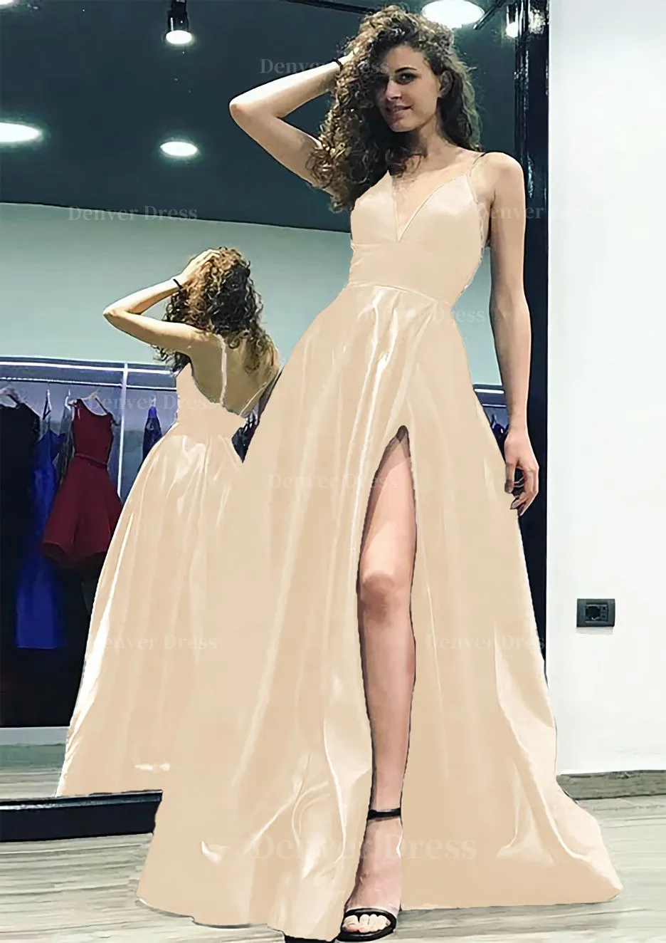 kamahe A-line/Princess V Neck Sleeveless Sweep Train Satin Prom Dress With Split