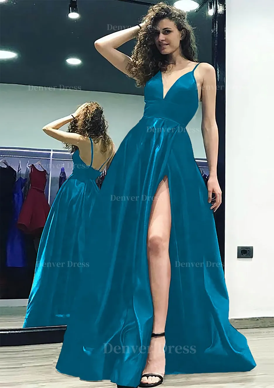 kamahe A-line/Princess V Neck Sleeveless Sweep Train Satin Prom Dress With Split