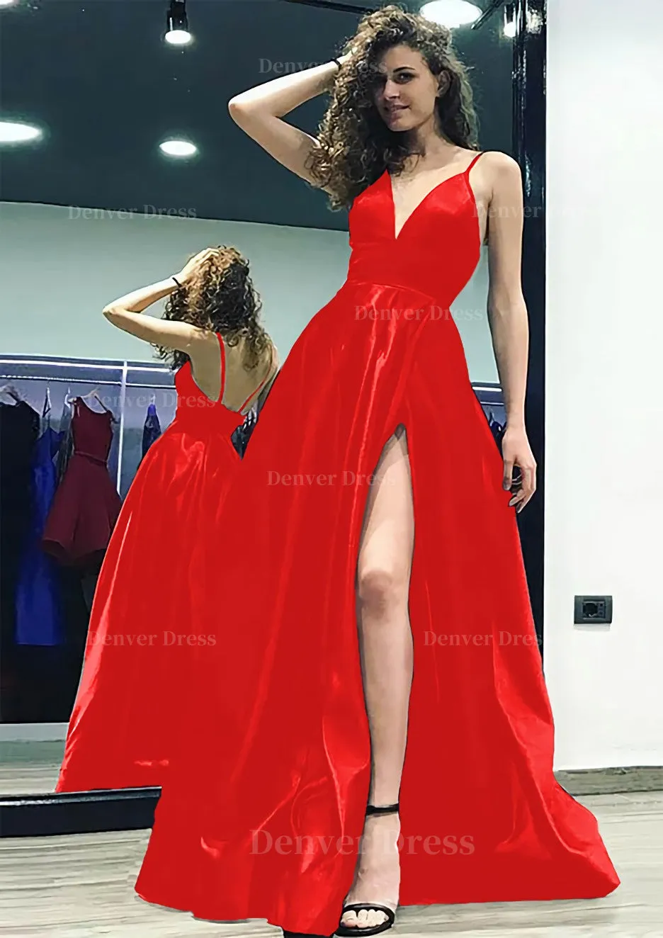 kamahe A-line/Princess V Neck Sleeveless Sweep Train Satin Prom Dress With Split