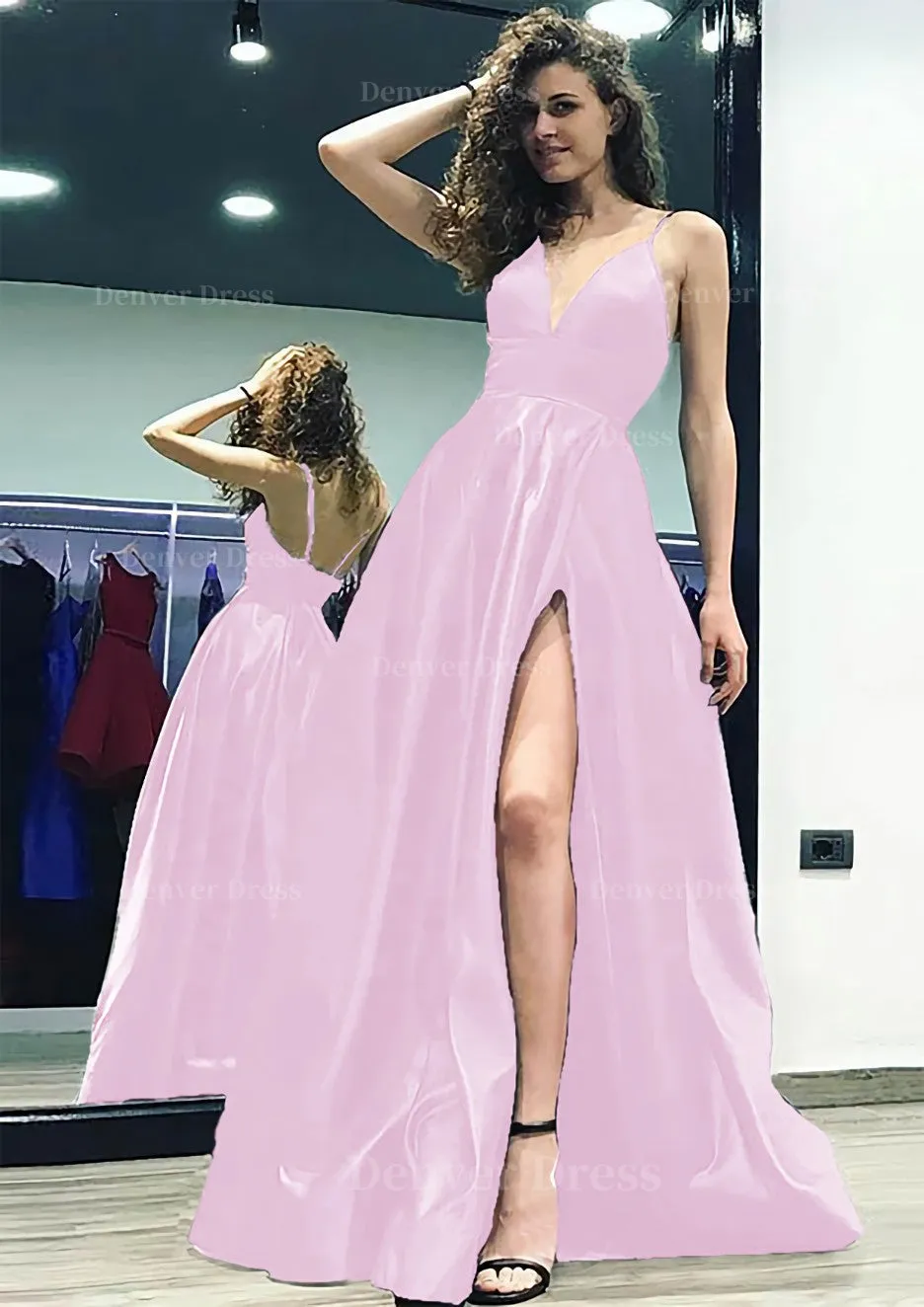 kamahe A-line/Princess V Neck Sleeveless Sweep Train Satin Prom Dress With Split