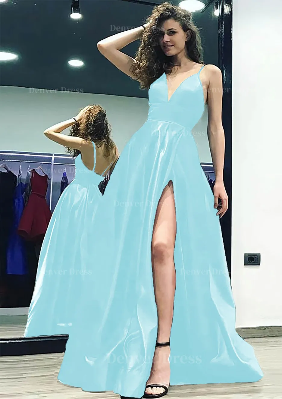 kamahe A-line/Princess V Neck Sleeveless Sweep Train Satin Prom Dress With Split