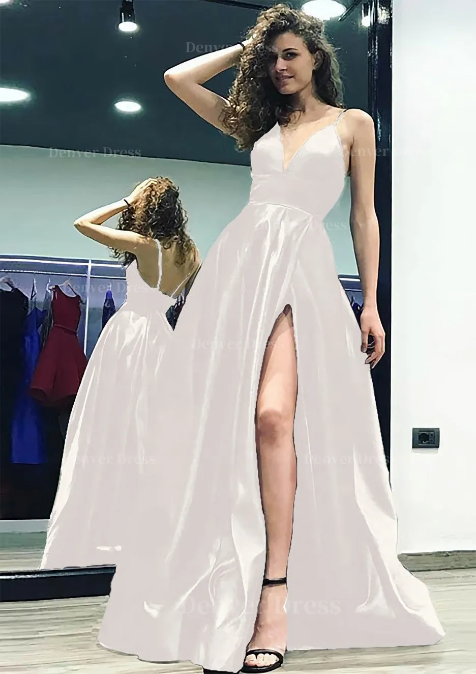 kamahe A-line/Princess V Neck Sleeveless Sweep Train Satin Prom Dress With Split