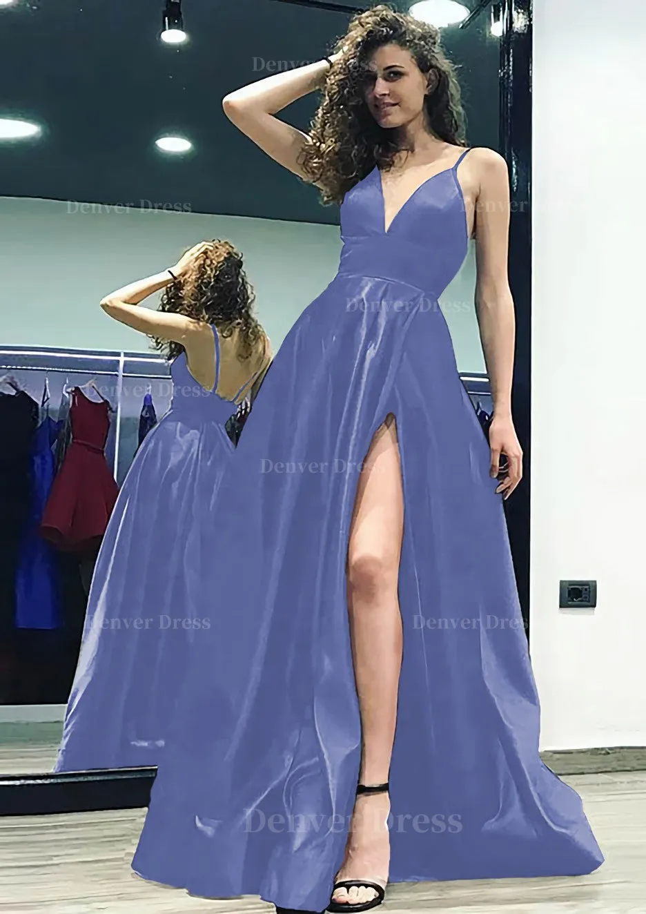 kamahe A-line/Princess V Neck Sleeveless Sweep Train Satin Prom Dress With Split