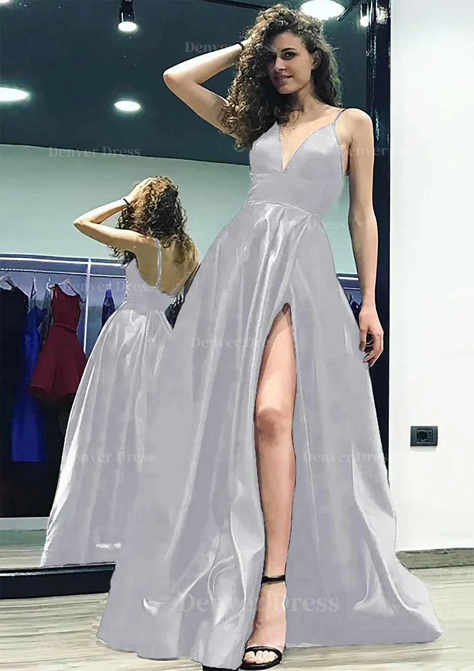 kamahe A-line/Princess V Neck Sleeveless Sweep Train Satin Prom Dress With Split