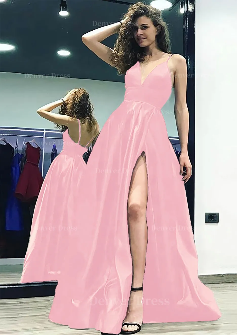 kamahe A-line/Princess V Neck Sleeveless Sweep Train Satin Prom Dress With Split