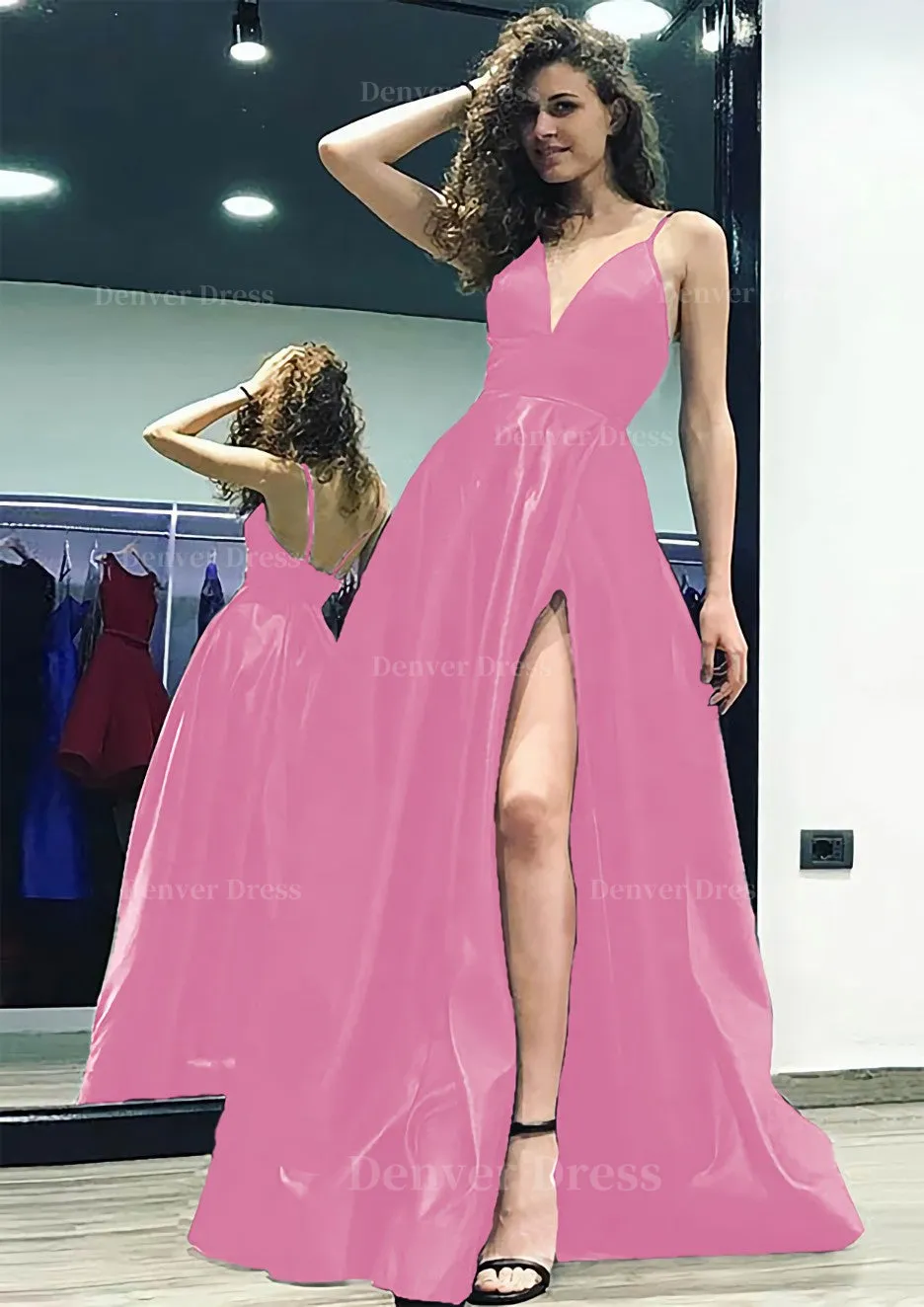 kamahe A-line/Princess V Neck Sleeveless Sweep Train Satin Prom Dress With Split