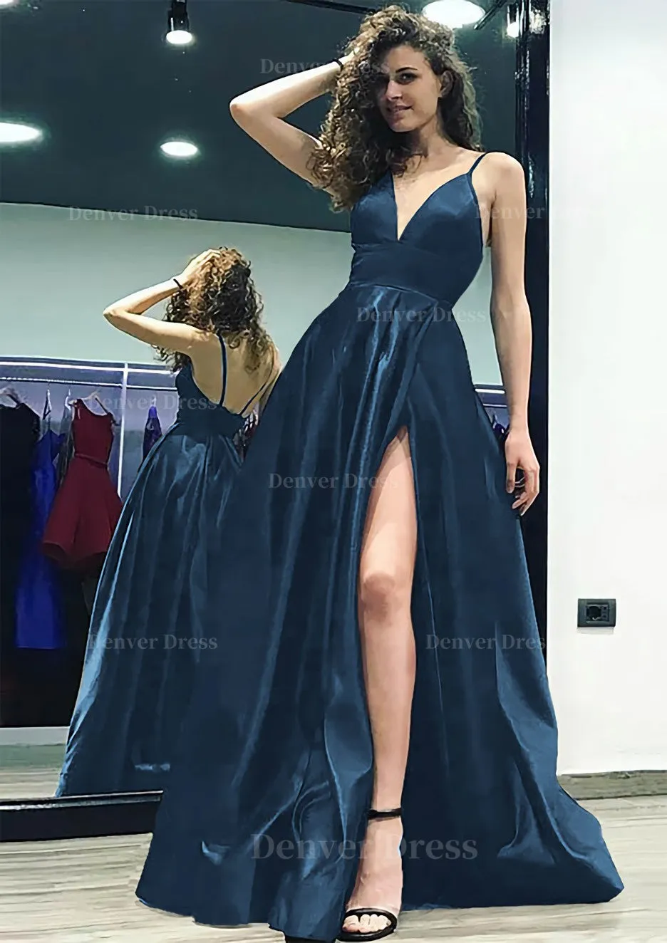 kamahe A-line/Princess V Neck Sleeveless Sweep Train Satin Prom Dress With Split
