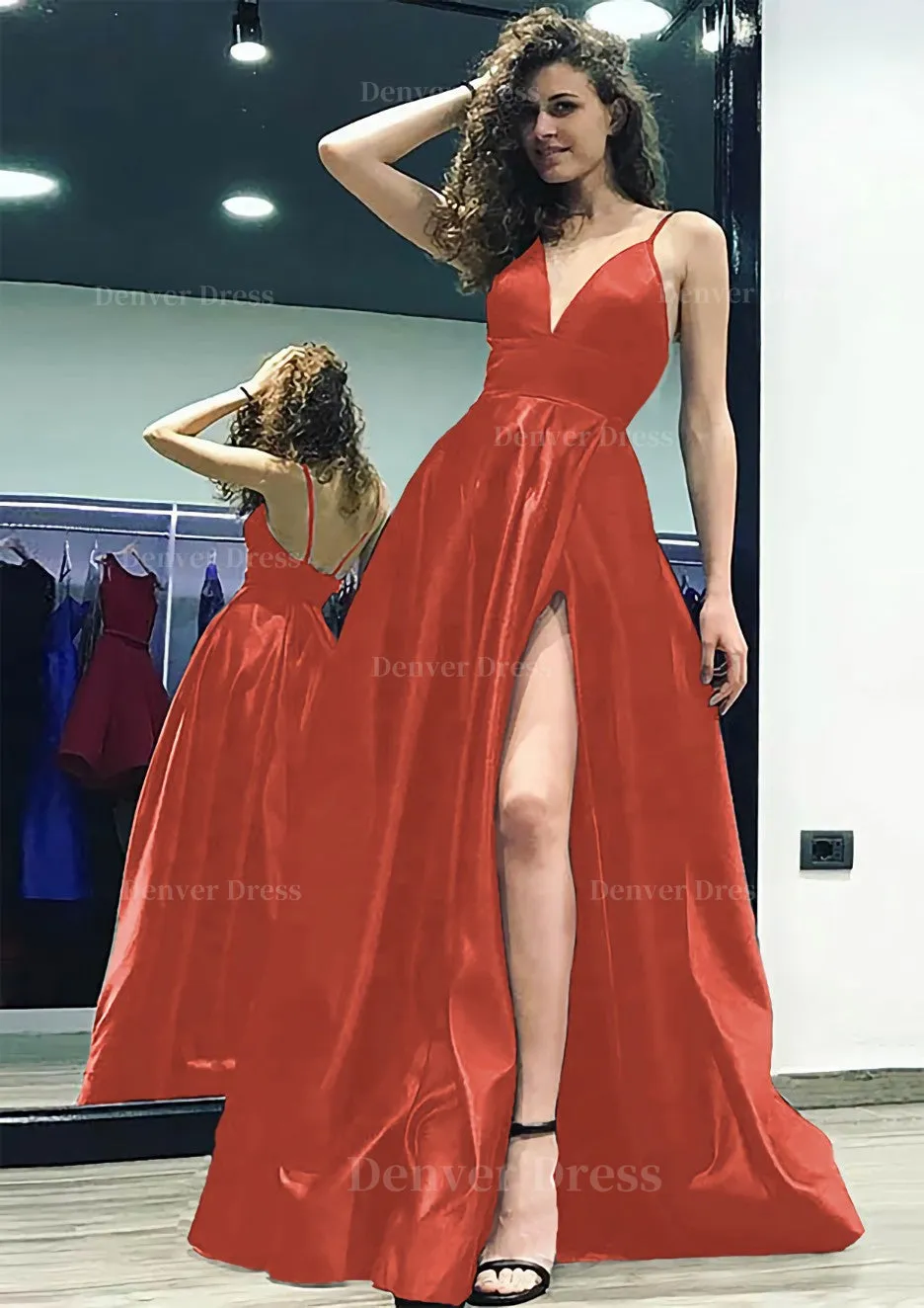 kamahe A-line/Princess V Neck Sleeveless Sweep Train Satin Prom Dress With Split