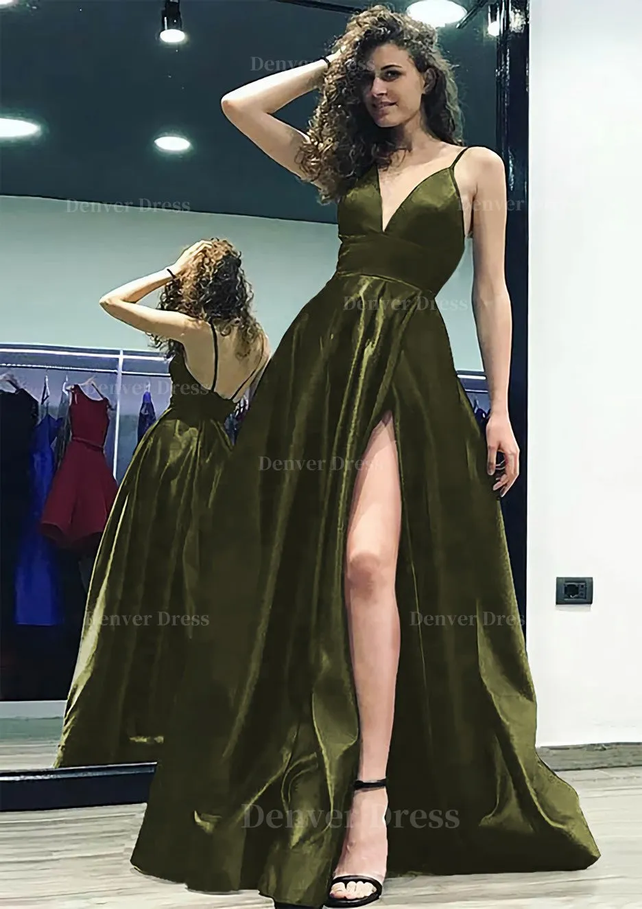 kamahe A-line/Princess V Neck Sleeveless Sweep Train Satin Prom Dress With Split