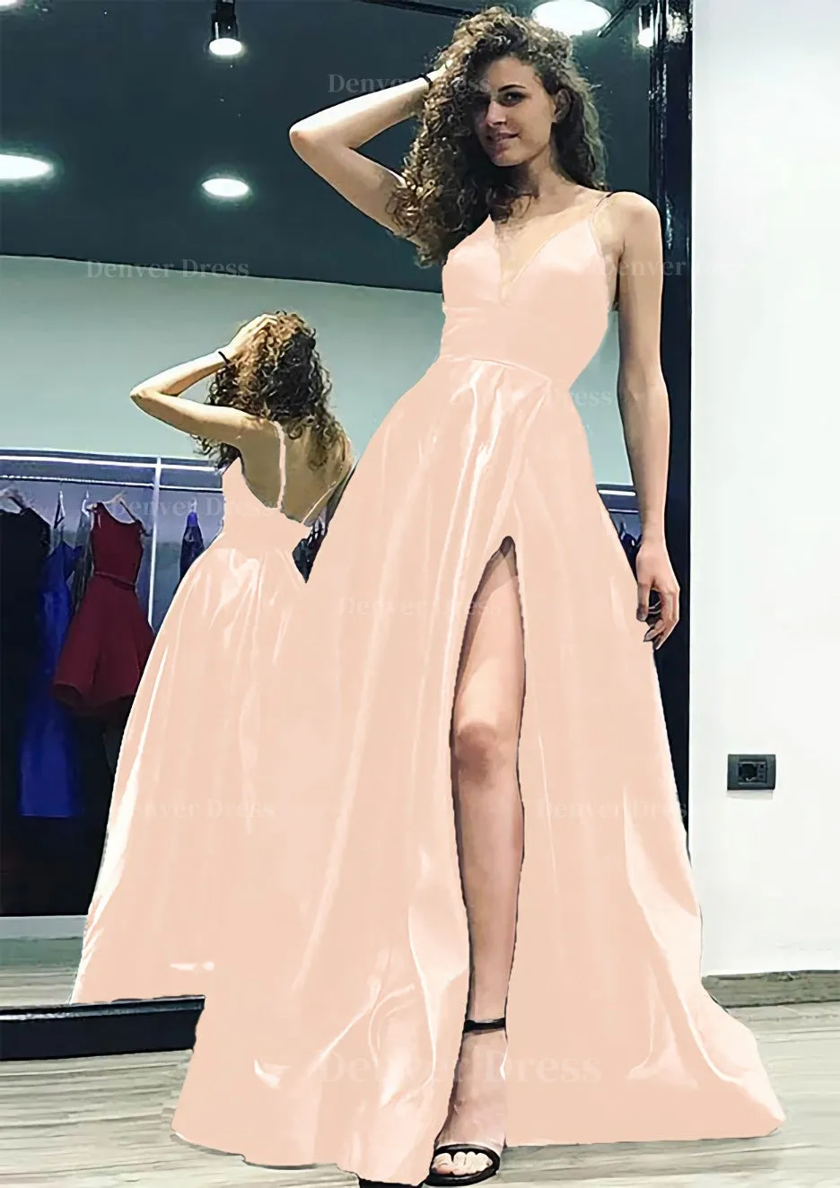 kamahe A-line/Princess V Neck Sleeveless Sweep Train Satin Prom Dress With Split