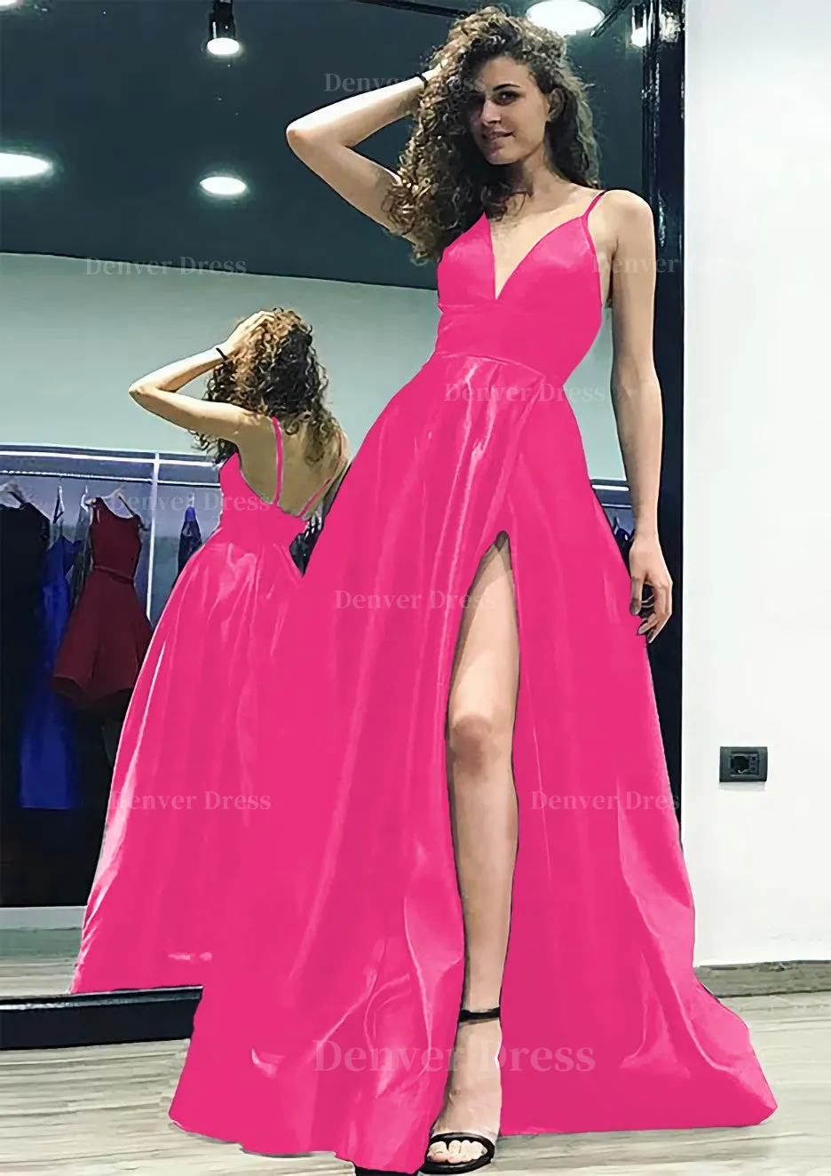 kamahe A-line/Princess V Neck Sleeveless Sweep Train Satin Prom Dress With Split