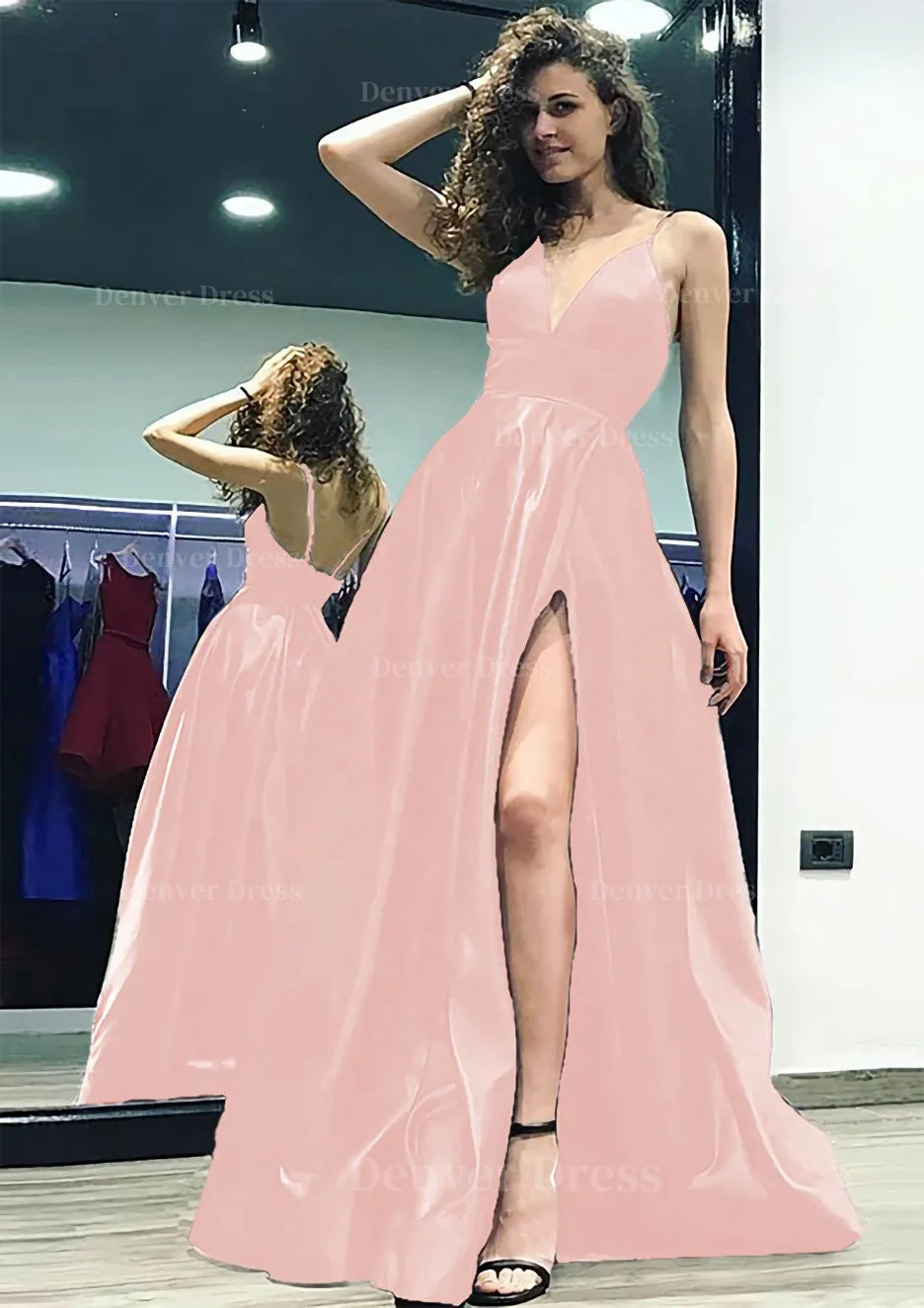 kamahe A-line/Princess V Neck Sleeveless Sweep Train Satin Prom Dress With Split