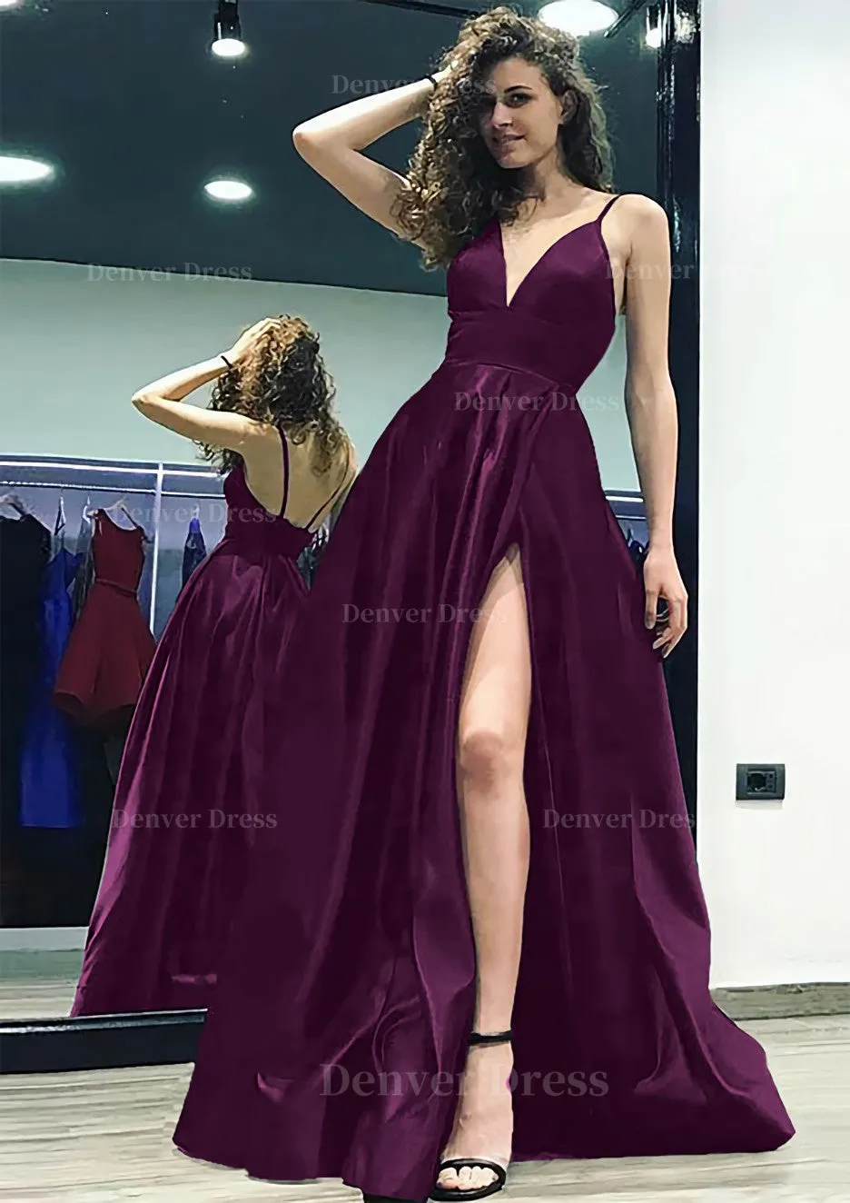 kamahe A-line/Princess V Neck Sleeveless Sweep Train Satin Prom Dress With Split