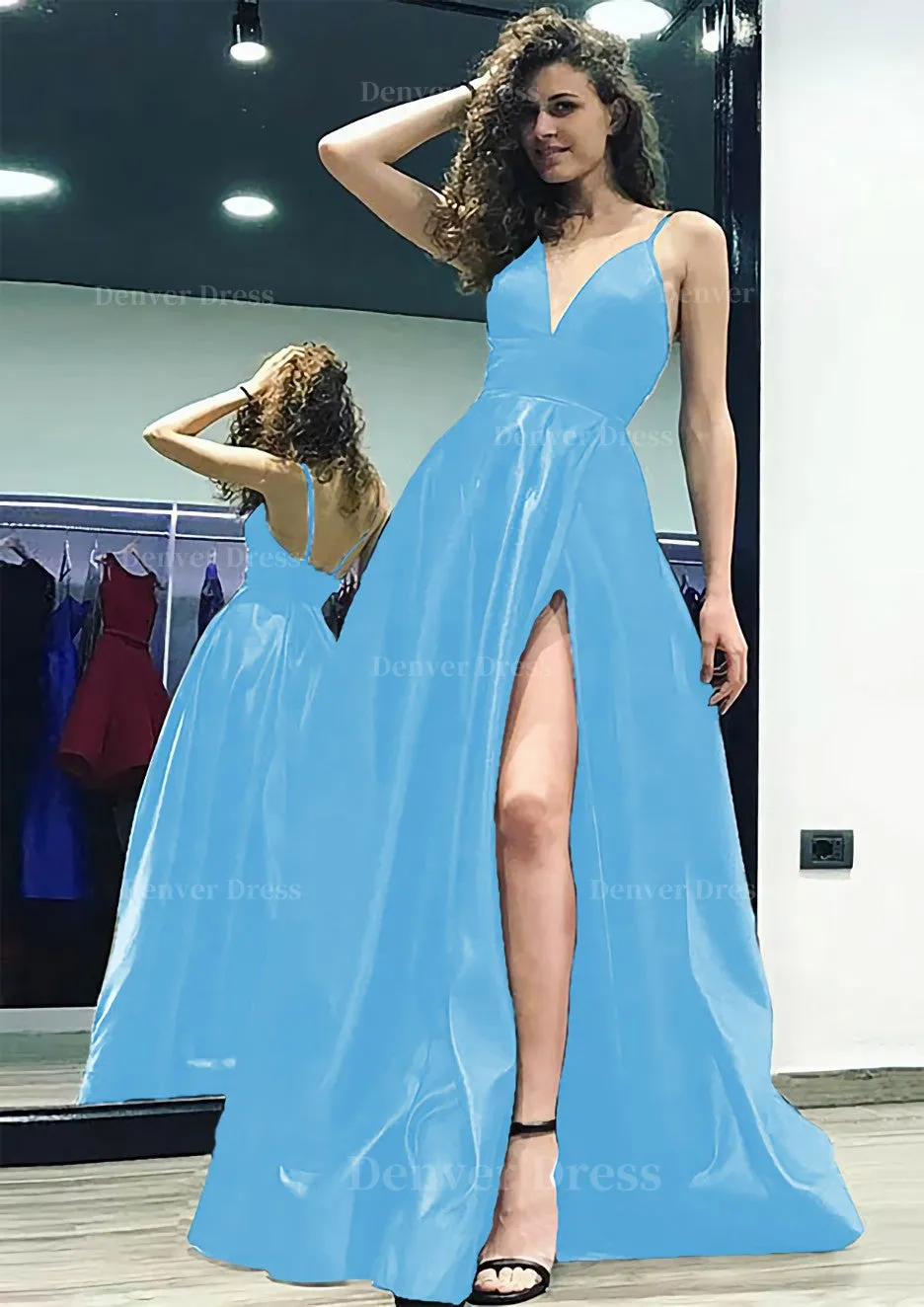 kamahe A-line/Princess V Neck Sleeveless Sweep Train Satin Prom Dress With Split