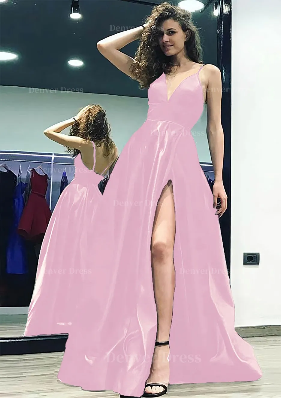 kamahe A-line/Princess V Neck Sleeveless Sweep Train Satin Prom Dress With Split