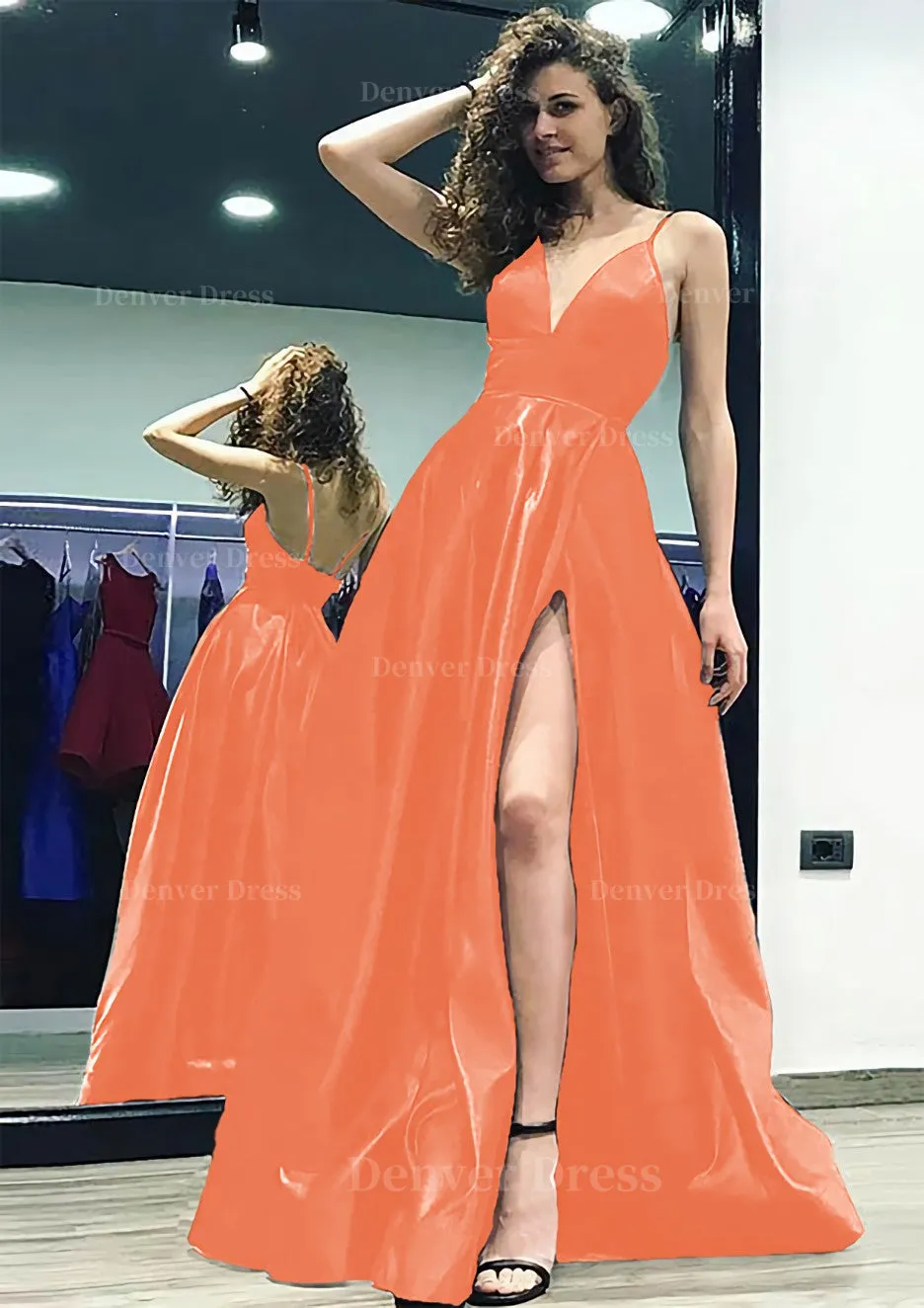 kamahe A-line/Princess V Neck Sleeveless Sweep Train Satin Prom Dress With Split