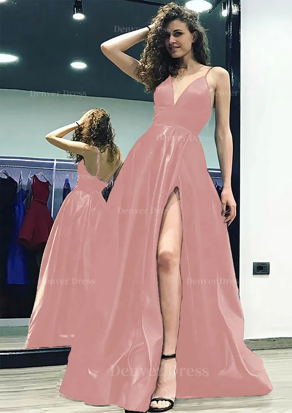 kamahe A-line/Princess V Neck Sleeveless Sweep Train Satin Prom Dress With Split