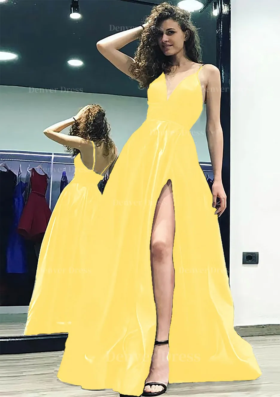 kamahe A-line/Princess V Neck Sleeveless Sweep Train Satin Prom Dress With Split