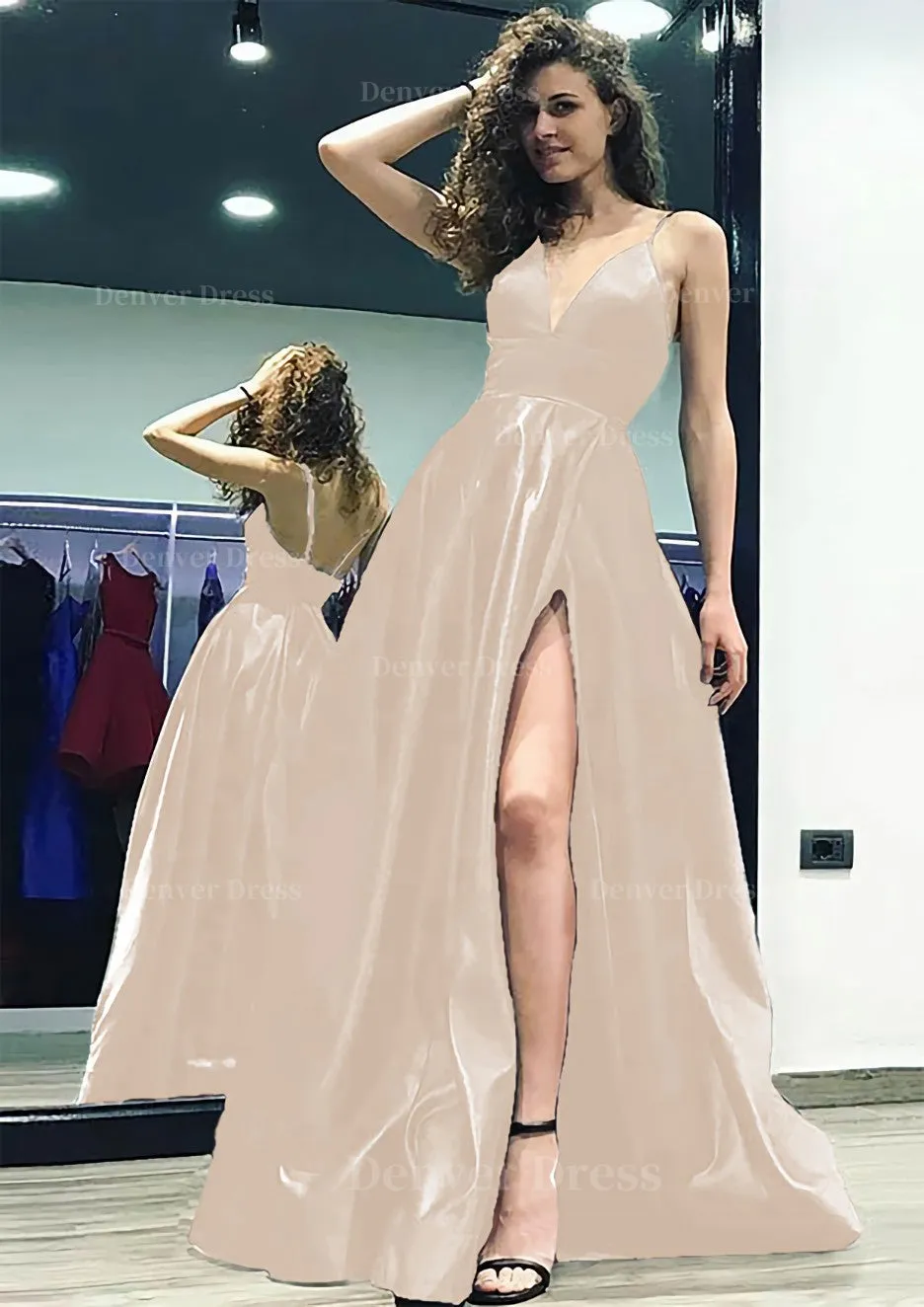 kamahe A-line/Princess V Neck Sleeveless Sweep Train Satin Prom Dress With Split