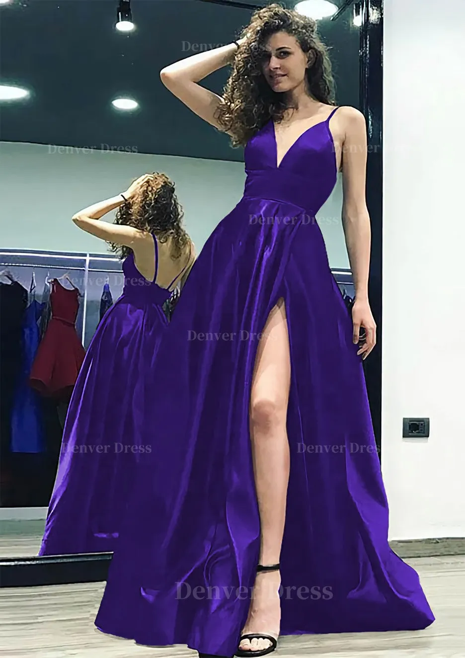 kamahe A-line/Princess V Neck Sleeveless Sweep Train Satin Prom Dress With Split