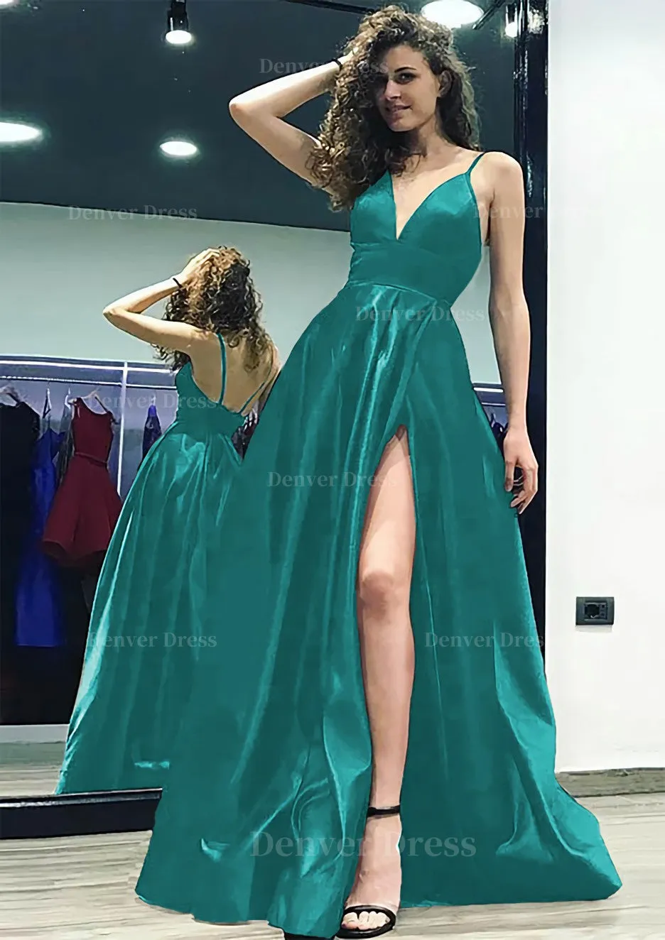 kamahe A-line/Princess V Neck Sleeveless Sweep Train Satin Prom Dress With Split