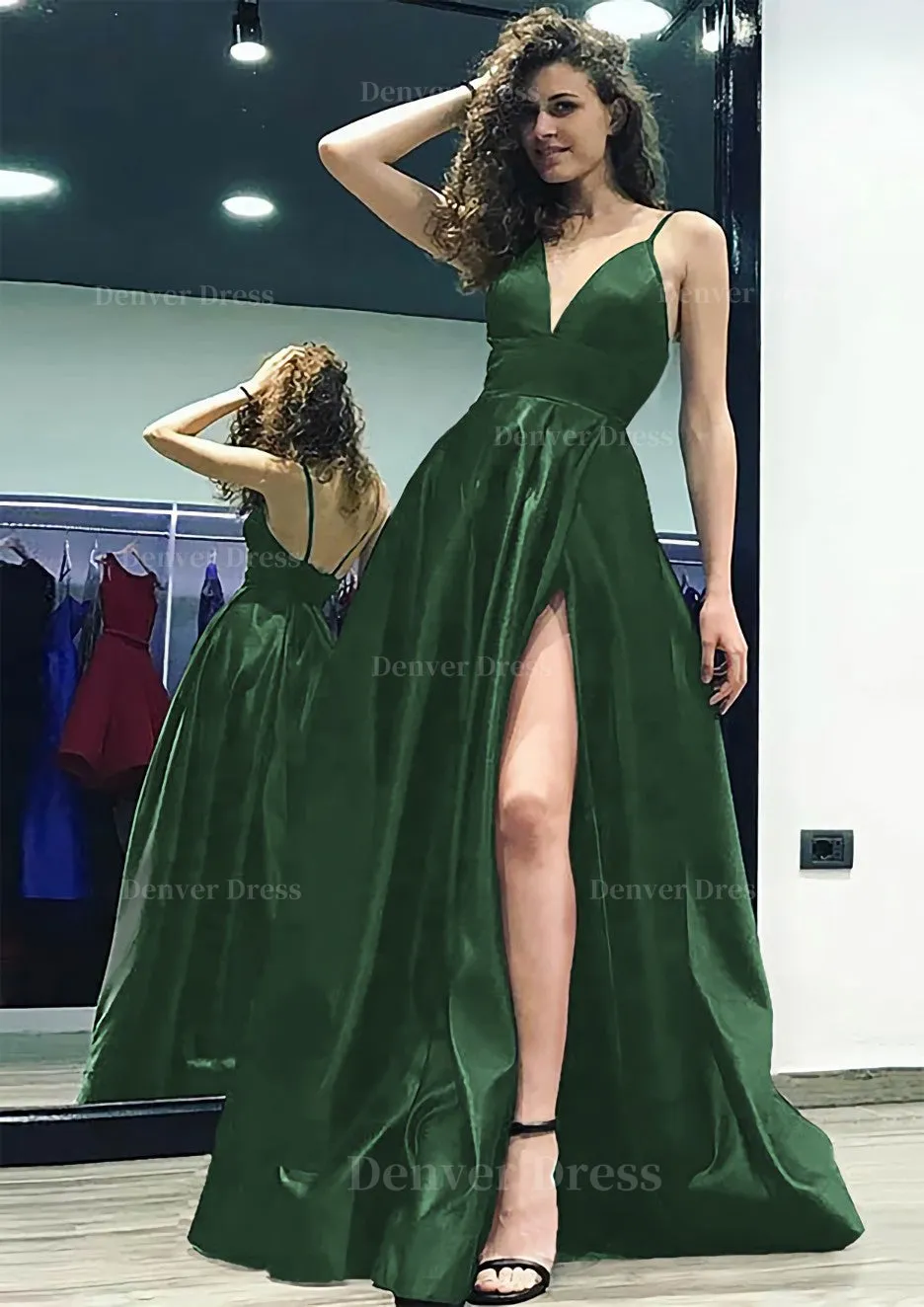 kamahe A-line/Princess V Neck Sleeveless Sweep Train Satin Prom Dress With Split
