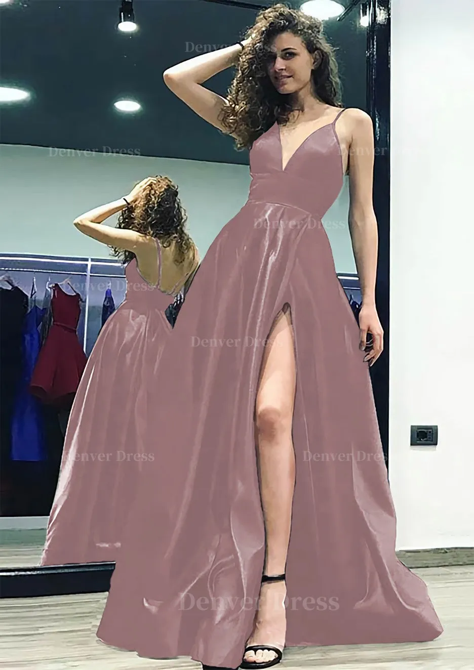 kamahe A-line/Princess V Neck Sleeveless Sweep Train Satin Prom Dress With Split