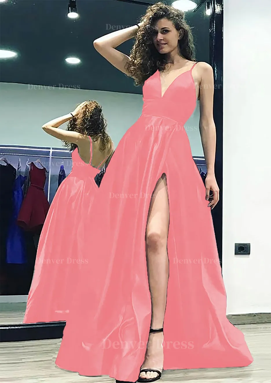 kamahe A-line/Princess V Neck Sleeveless Sweep Train Satin Prom Dress With Split