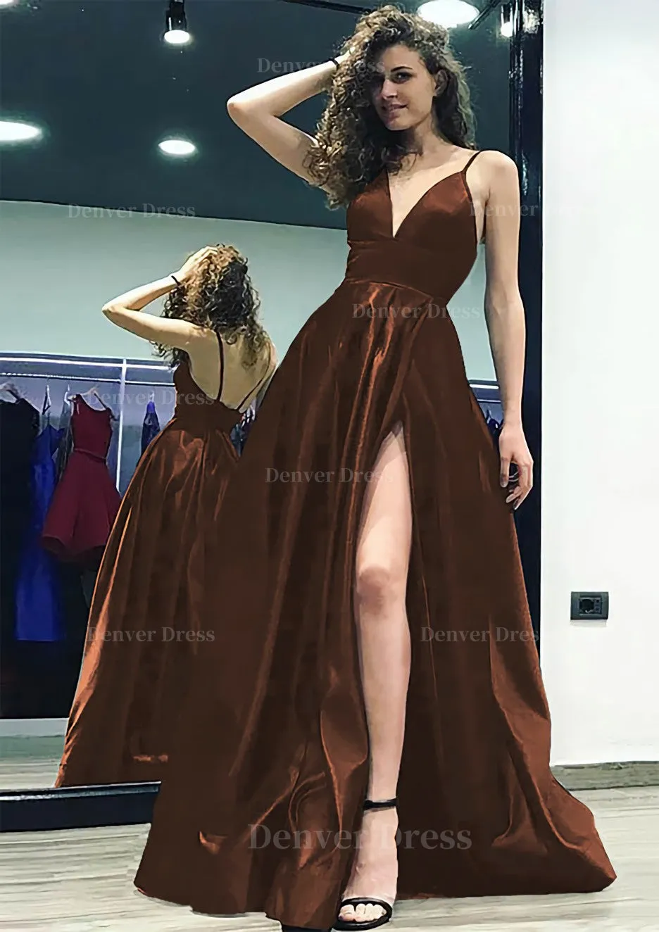 kamahe A-line/Princess V Neck Sleeveless Sweep Train Satin Prom Dress With Split