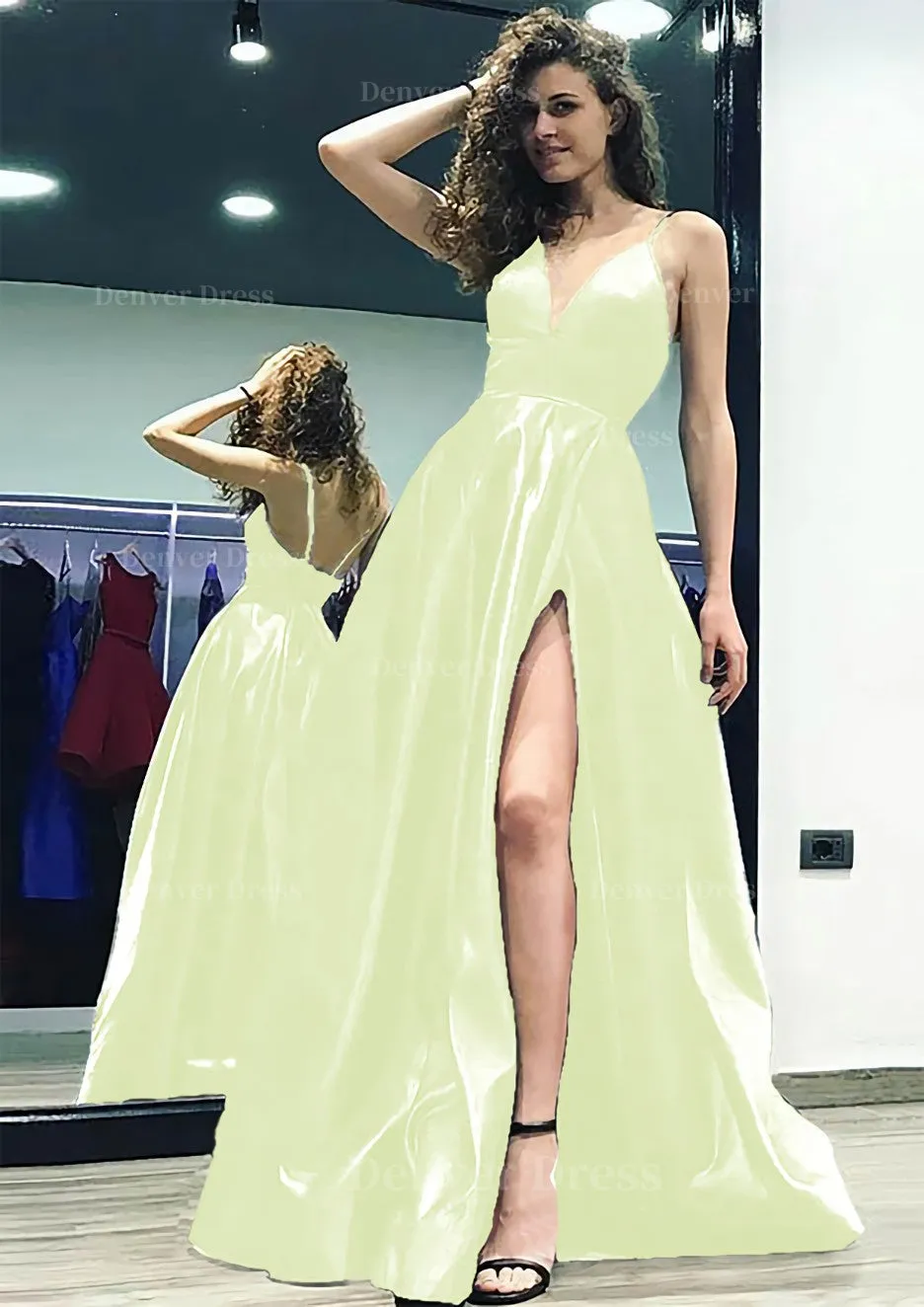 kamahe A-line/Princess V Neck Sleeveless Sweep Train Satin Prom Dress With Split