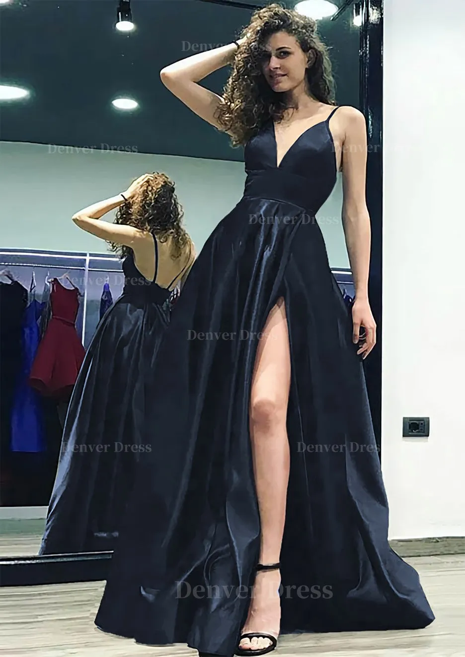 kamahe A-line/Princess V Neck Sleeveless Sweep Train Satin Prom Dress With Split