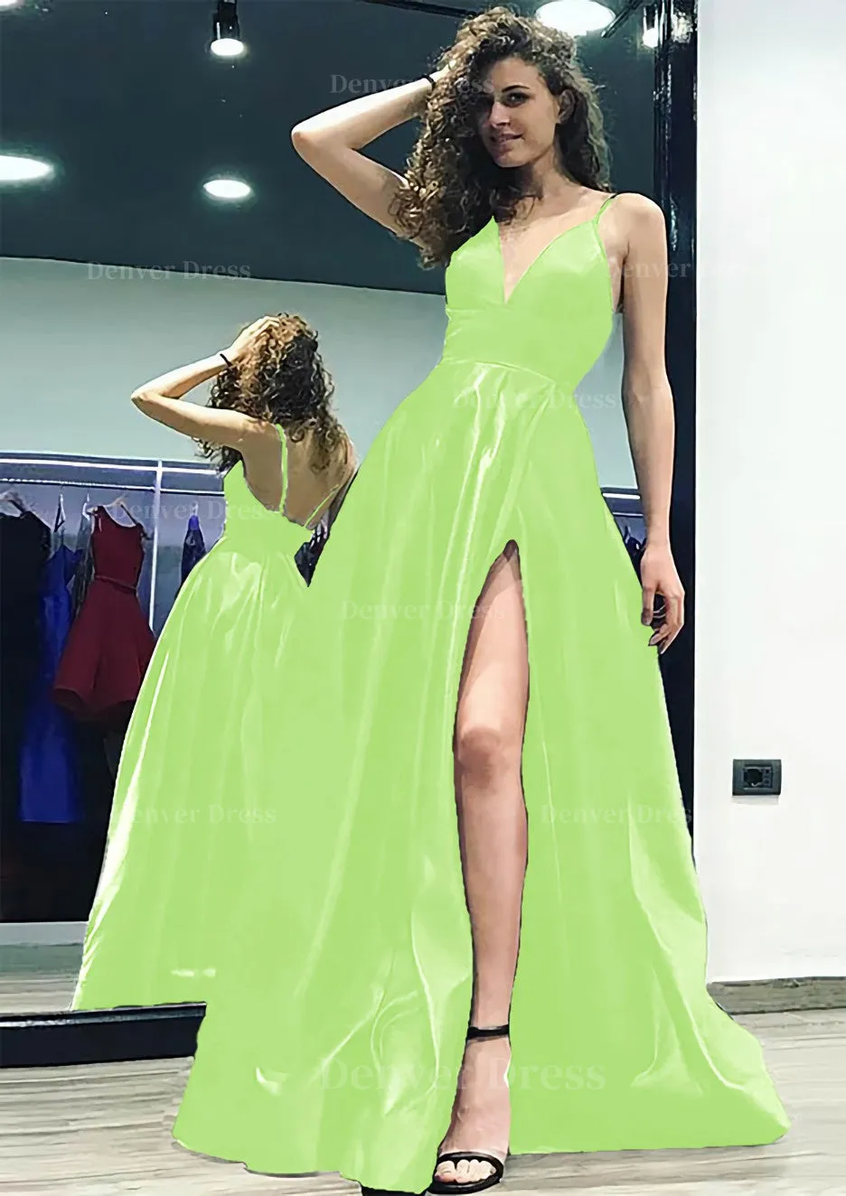 kamahe A-line/Princess V Neck Sleeveless Sweep Train Satin Prom Dress With Split