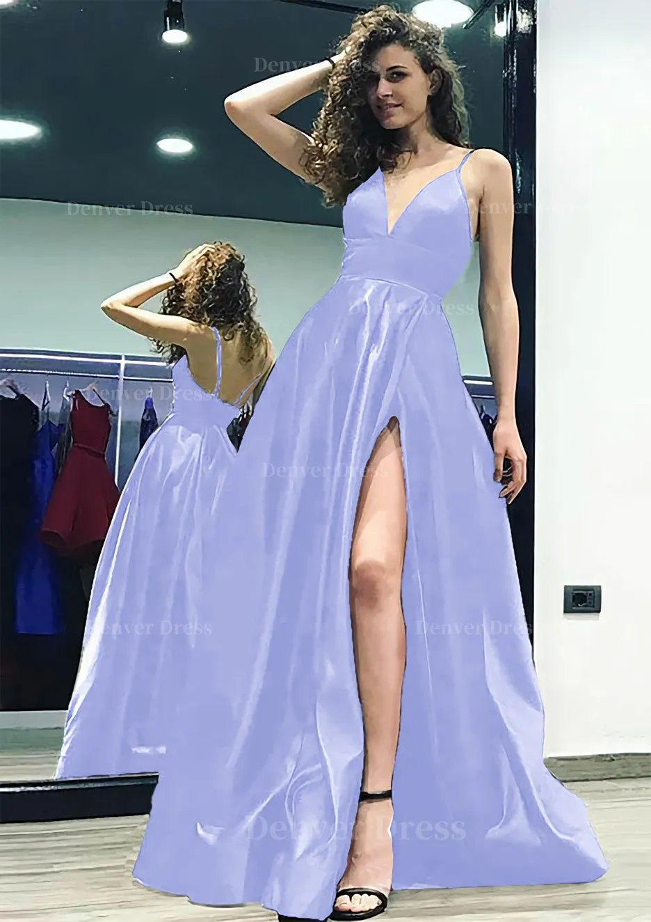 kamahe A-line/Princess V Neck Sleeveless Sweep Train Satin Prom Dress With Split