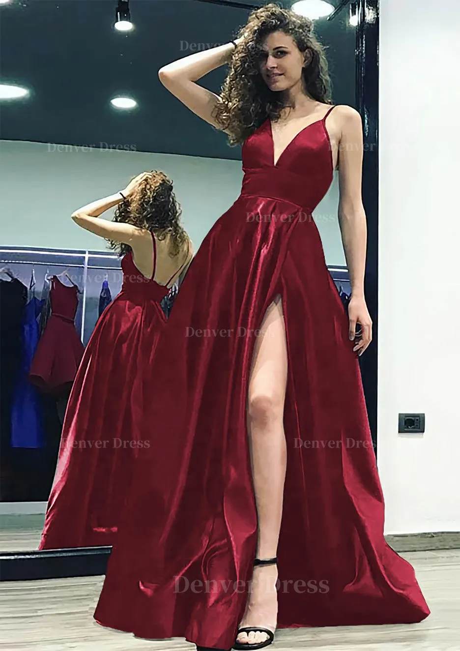 kamahe A-line/Princess V Neck Sleeveless Sweep Train Satin Prom Dress With Split