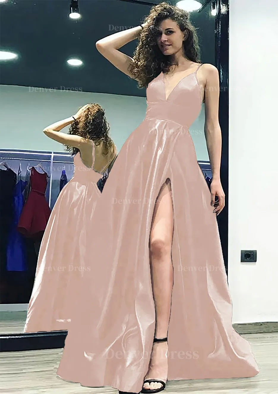 kamahe A-line/Princess V Neck Sleeveless Sweep Train Satin Prom Dress With Split